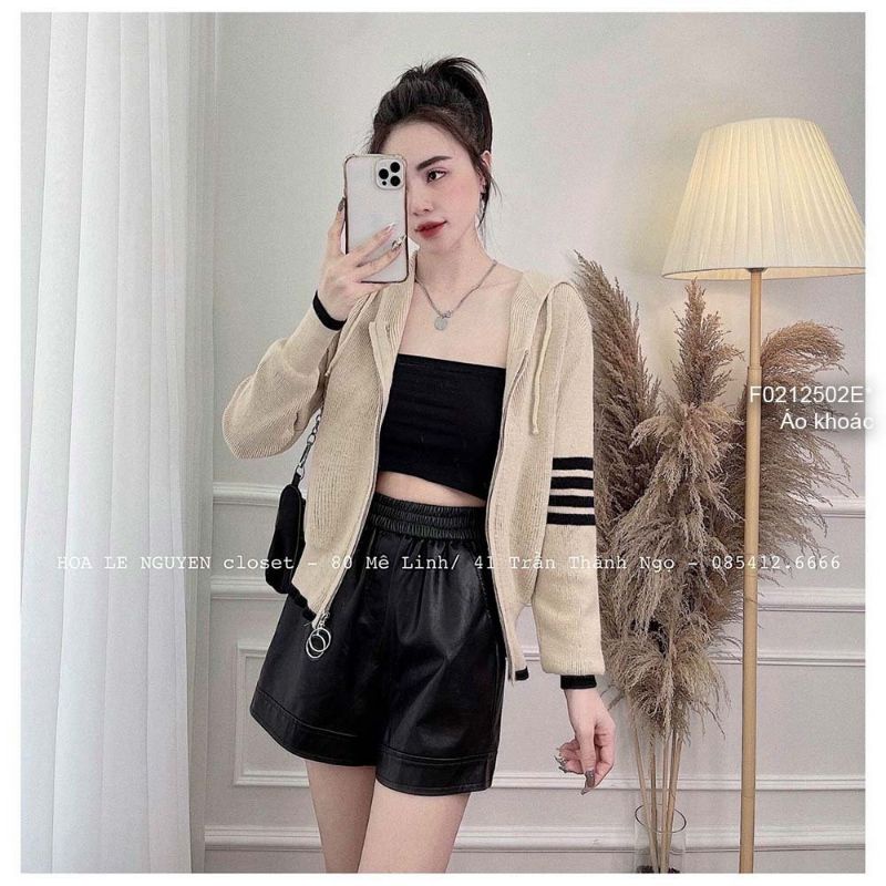 Áo khoác len có nón kéo khóa hai đầu tay dài phối viền sọc bên hàng Quảng Châu 0212