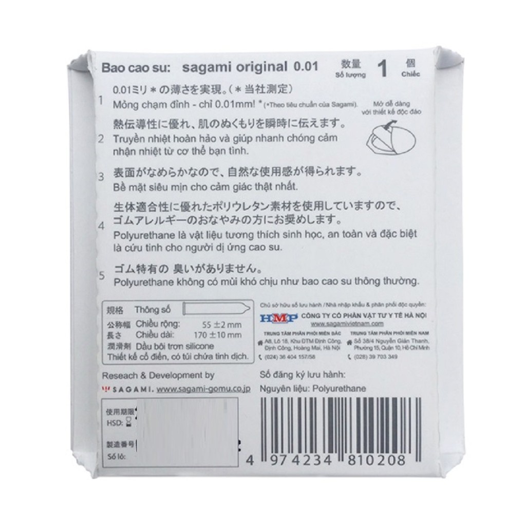 Bao Cao Su Sagami Original 001 Siêu Mỏng – BCS Siêu Dai, Độ Bền Cao, Mỏng Nhất Thế Giới – Hộp 1 Chiếc B0011