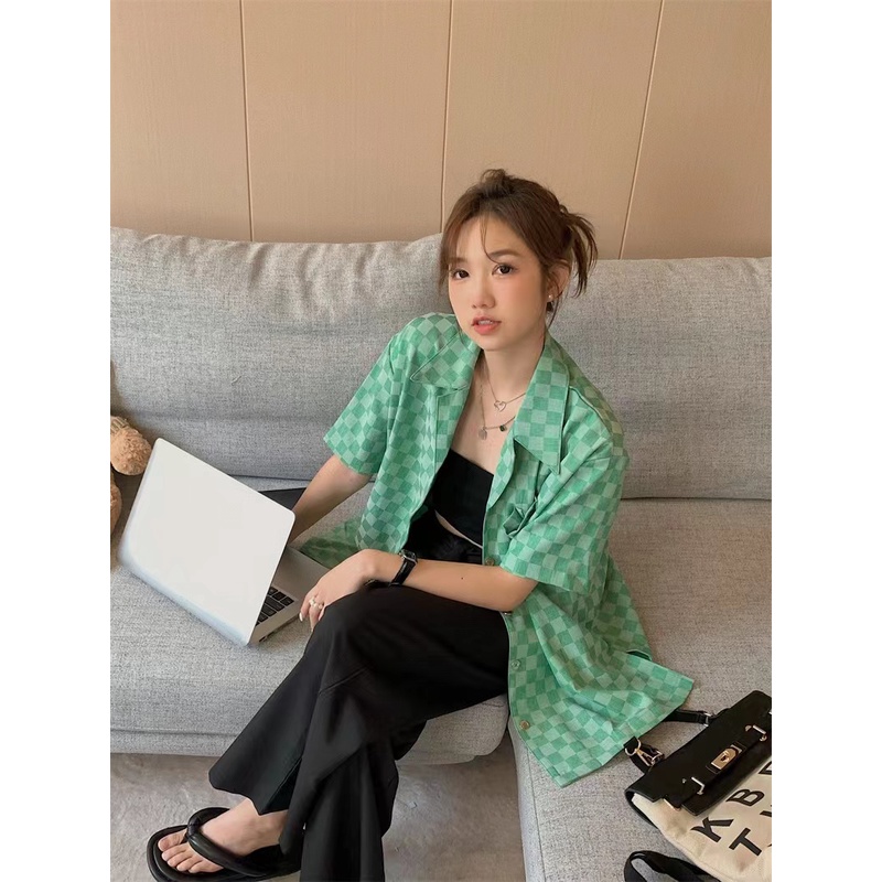 Áo Sơ Mi Tay Ngắn Họa Tiết Sọc Caro Thời Trang Mùa Hè Cho Nữ