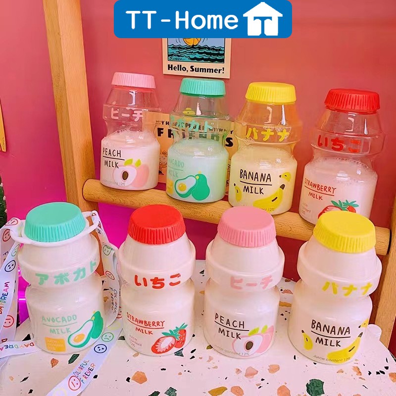[TẶNG KÈM DÂY ĐEO] Bình nước sữa chua họa tiết dễ thương hình hoa quả, bình đựng nước tiện dụng TT -HOME