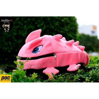 Balo khủng long vải nhung mịn màu hồng mắt xanh