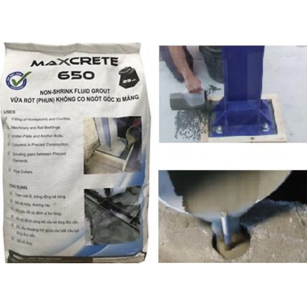 1 bao 25kg Vữa tự chảy Maxcreat 650 - vữa tự chảy không co ngót dùng đổ cổ ống, hộp kỹ thuật, lỗ rỗng bê tông, bản đế.