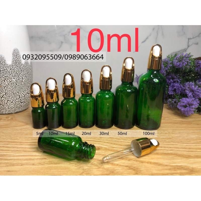 10 lọ chai 10ml xanh lá đựng mỹ phẩm serum tinh dầu