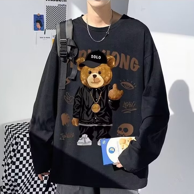 Áo Thun Tay Dài Dáng Rộng In Họa Tiết Chú Gấu Dễ Phối Đồ Thời Trang Xuân Thu Phong Cách Hàn Quốc Cho Nam