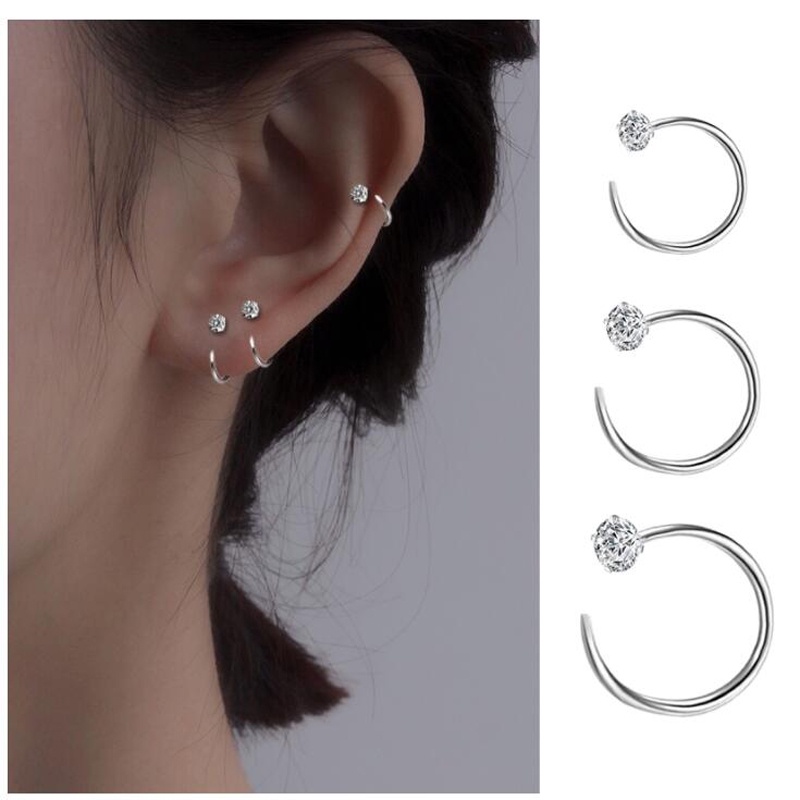 1 Đôi Bông Tai Mạ Bạc 925 Dạng Vòng Đính Đá Zircon Chống Dị Ứng 6 / 8 / 10mm Đơn Giản Dành Cho Nữ