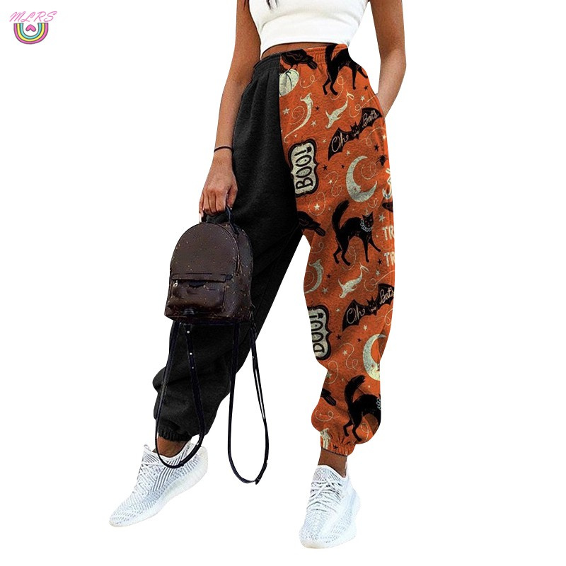 MS Women Loose Fitness Track Pants Colorblock Halloween Print Graffiti Drawstring Casual Pants &VN