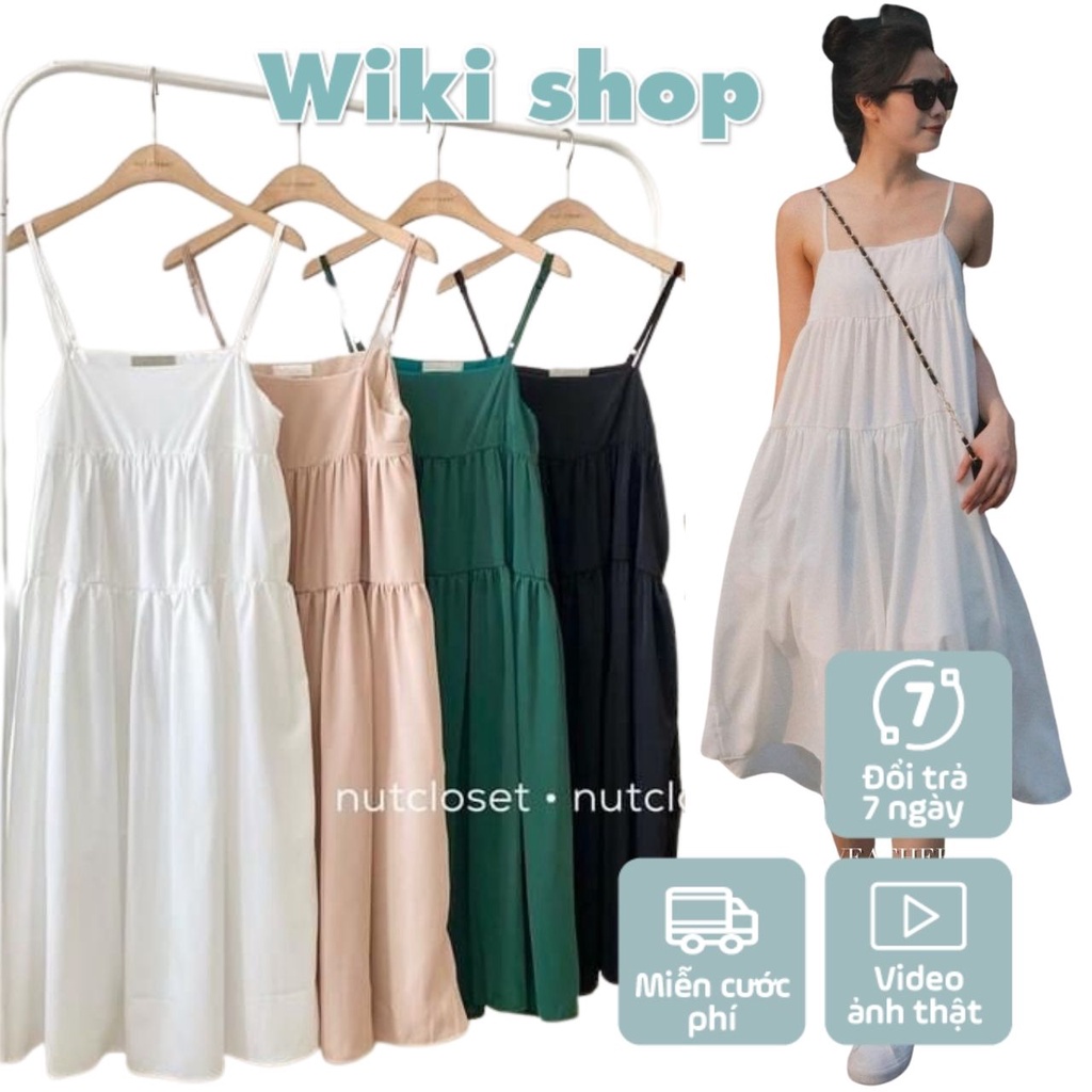 Váy đầm nữ 2 dây đũi xòe phom rộng hở vai dáng suông màu đen trắng be xanh lá hot trend đi biển freesize hàn quốc C897