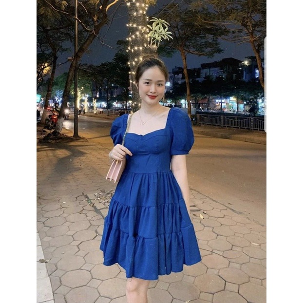 Đầm bánh bèo họa tiết ống tay phồng đáng yêu vải thoáng mát 4 màu đen trắng xanh và hồng màu nào cũng dễ thương