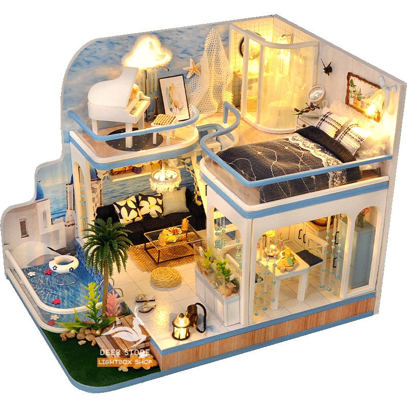 Mô hình nhà búp bê Tự làm bằng gỗ Diy | Tặng Dụng cụ + Keo dán + Cót nhạc KHUNG MICA [Nhà có nội thất &amp; đèn LED] |TD42