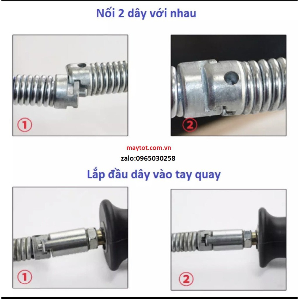 Dây thông tắc cống phi 16 dài 3m gồm 6 đầu thông và 1 đầu kết nối máy khoan