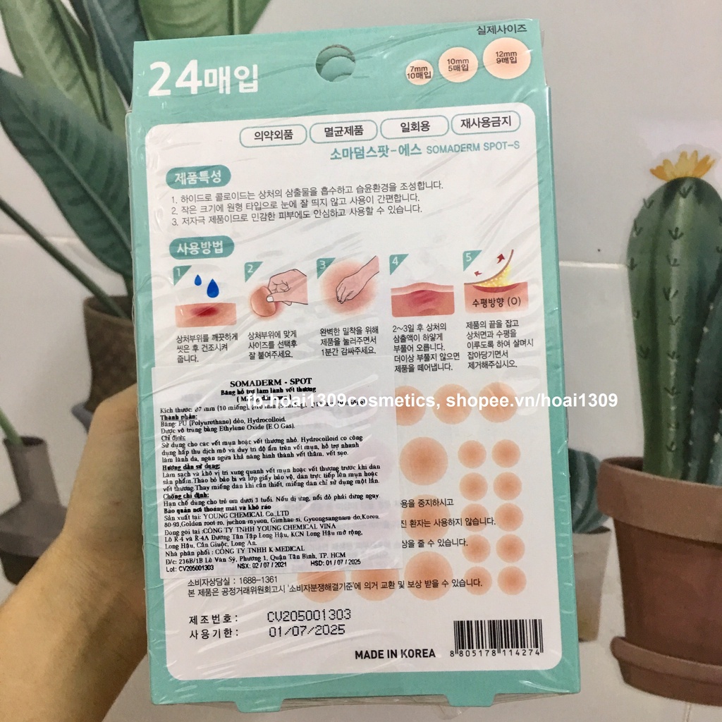 Miếng dán mụn Somaderm Spot, 3 kích cỡ, 24pcs, dán mụn Hàn Quốc hydrocolloid 24 miếng