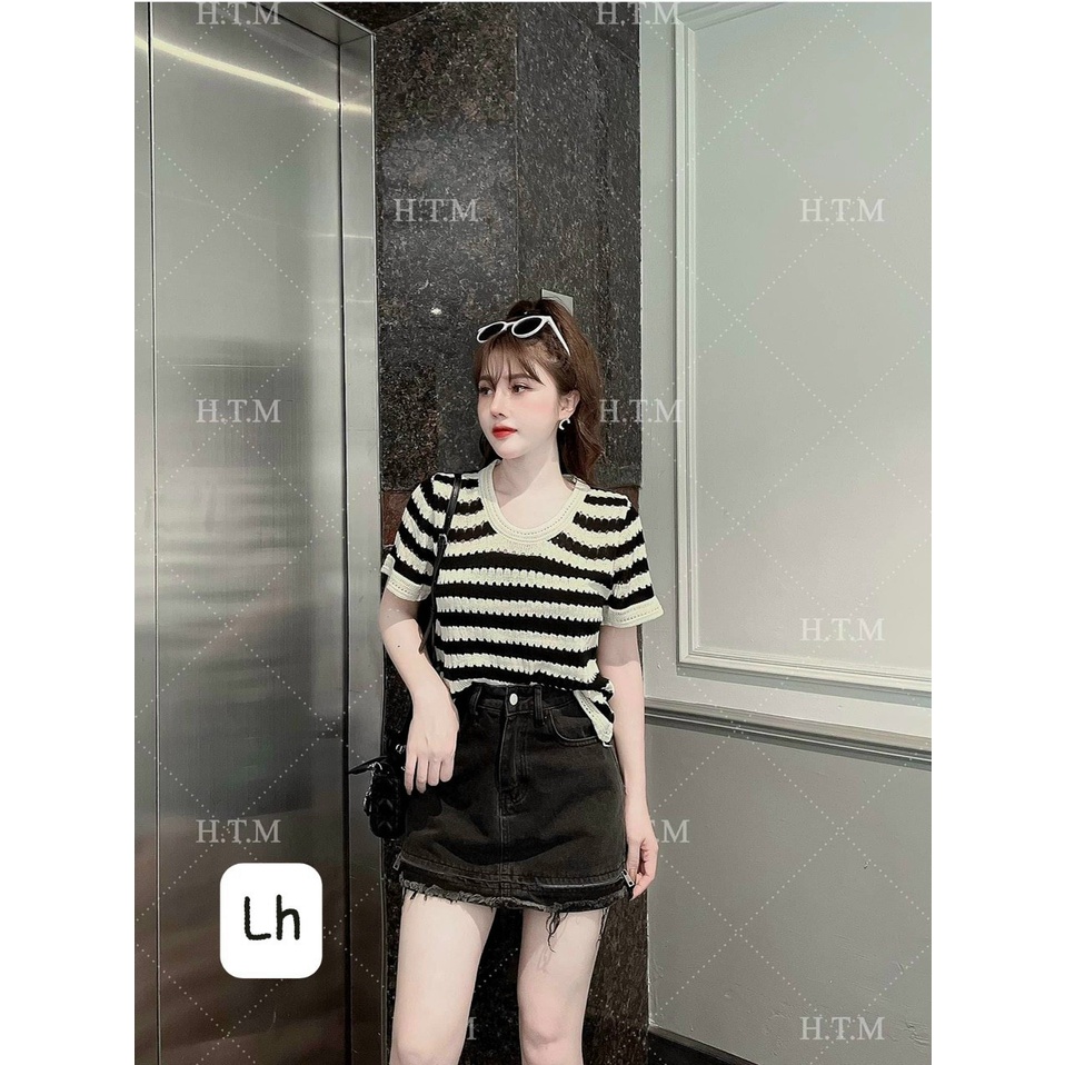Áo len kẻ ngang đen viền ren Quảng Châu cộc tay
