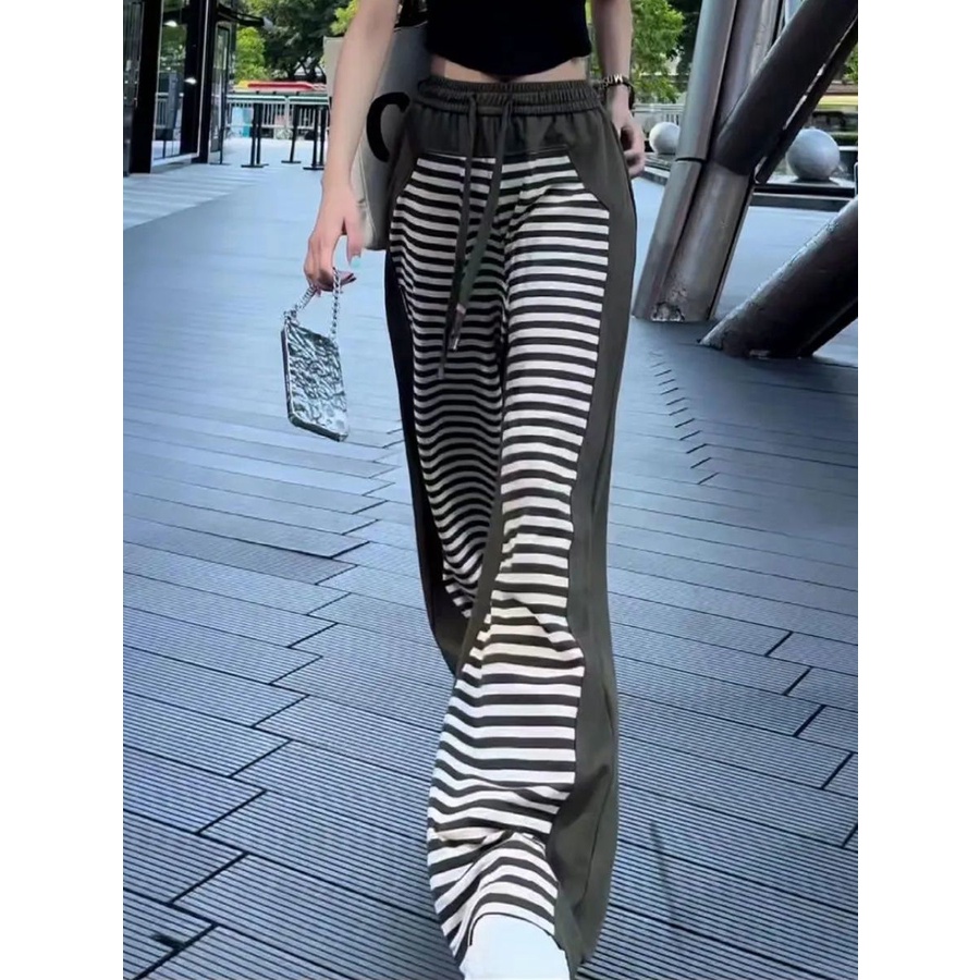 Jiashucheng Quần Ống Rộng Lưng Cao Dáng Suông Cỡ Lớn Kẻ Sọc Màu Tương Phản Phong Cách Mới Cho Nữ