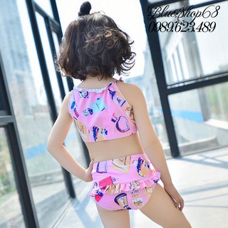 Bộ đồ bơi cho bé gái từ 1-6 tuổi áo yếm, quần cạp cao màu hồng