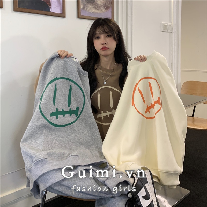 Áo Nỉ Nữ Dài Tay Cổ Tròn In Hình Hoạt Hình Thời Trang Hàn