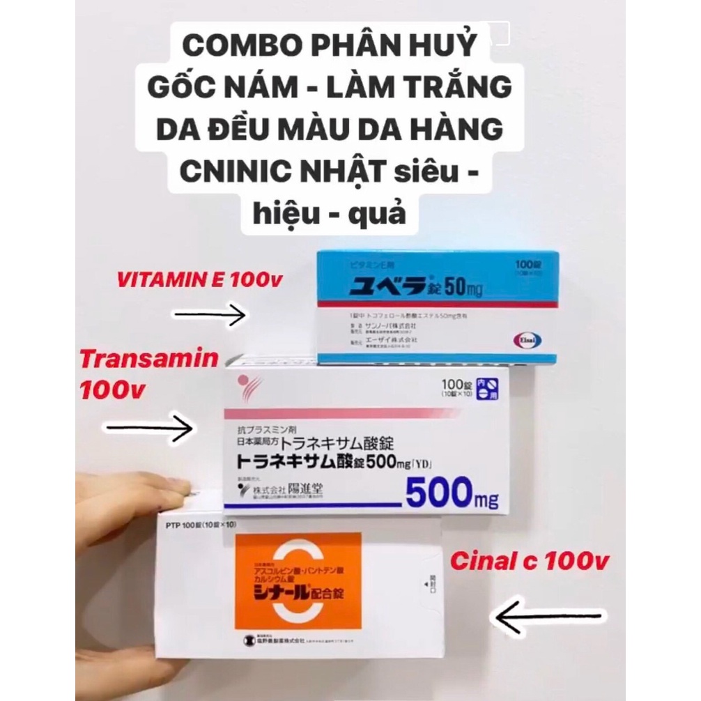 "hàng sẵn" sét 3 món dưỡng trắng da transamin, vitamin c, vitamin e hộp 100 viên
