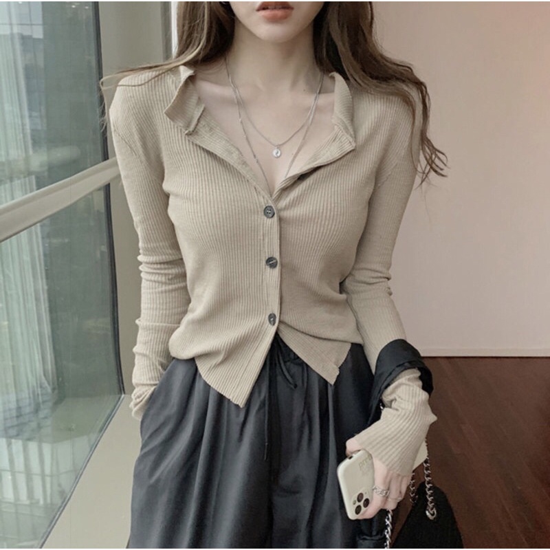 Áo Sơmi Dệt Kim Dài Tay Cài Cúc Chéo - Cập Nhật Thời Trang Hè Thu 2023