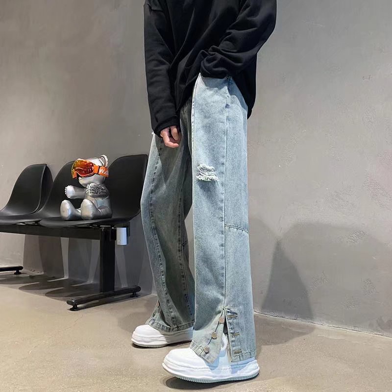 Quần jeans Dài Lưng Cao Ống Rộng Rách Gối Thời Trang Hàn Quốc Cho Nam Nữ Thư thêu quần jean unisex Quần jean thẳng chất lượng