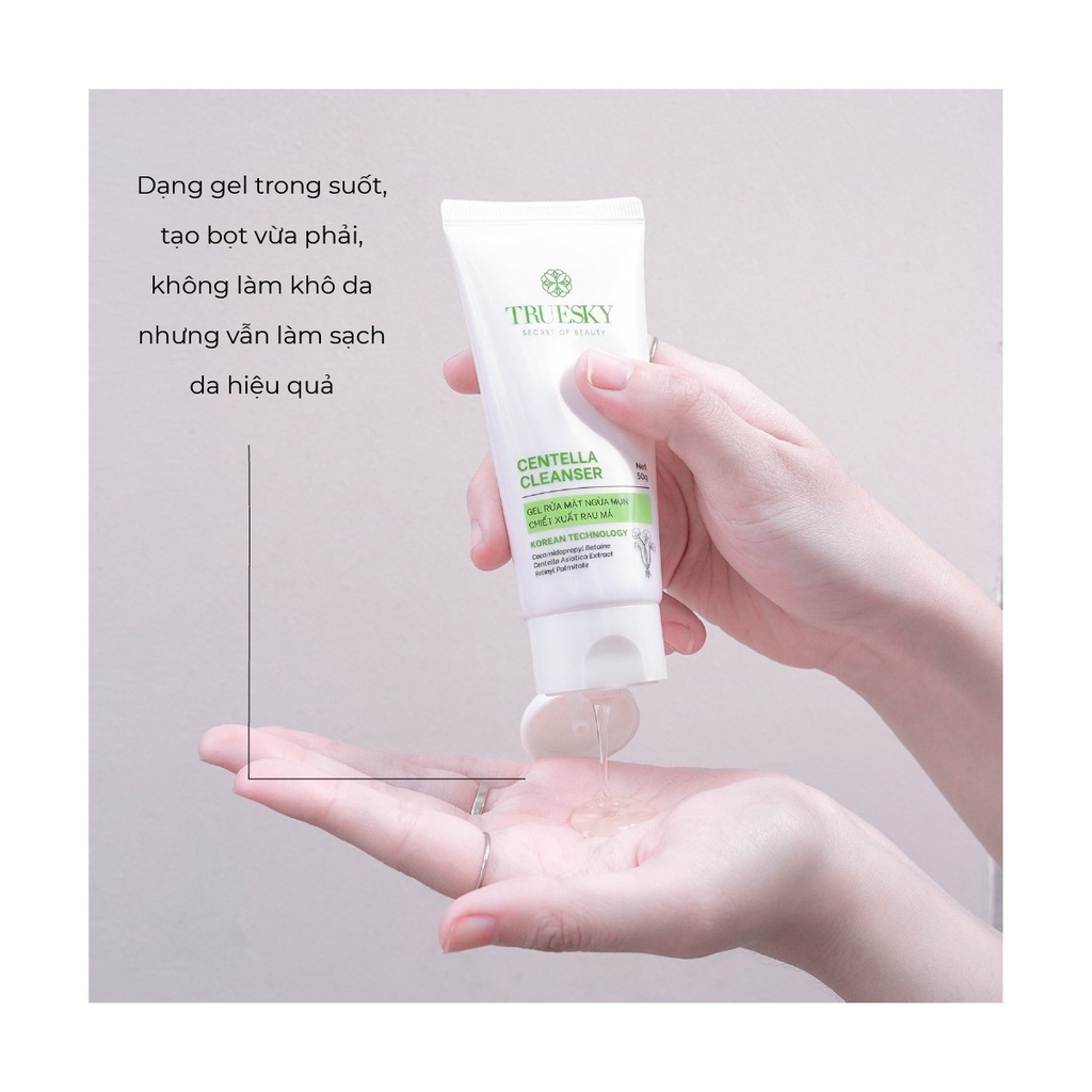 [Mã BMLT30 giảm đến 30K đơn 299K] Gel rửa mặt ngăn ngừa mụn Truesky Centella Cleanser chiết xuất rau má 50g