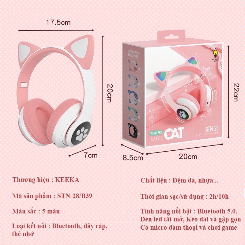 Tai nghe bluetooth chụp tai tai mèo có đèn led, có micro chơi game. Headphone bluetooth thỏ dễ thương hồng, đen, xanh.