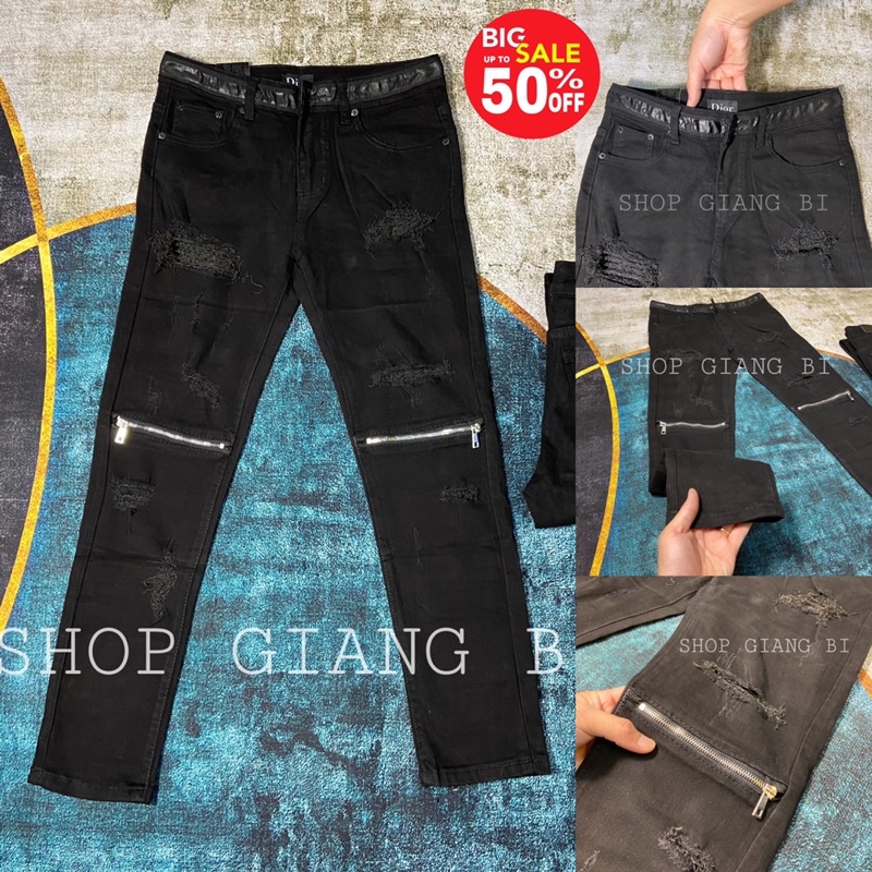 Quần jean trơn phối khoá ngang đùi,quần bò nam phối khoá zip ngang gối rách xước đơn giản