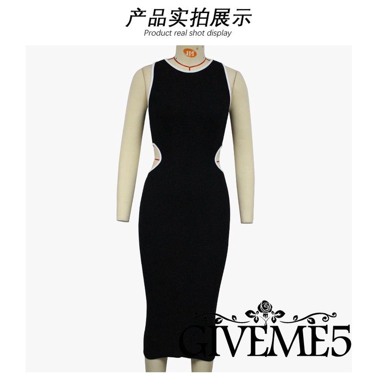 Đầm Dệt Kim Sát Nách Cổ Tròn Khoét Lưng Dáng Dài Ôm Sát Màu Sắc Tương Phản Cho Nữ