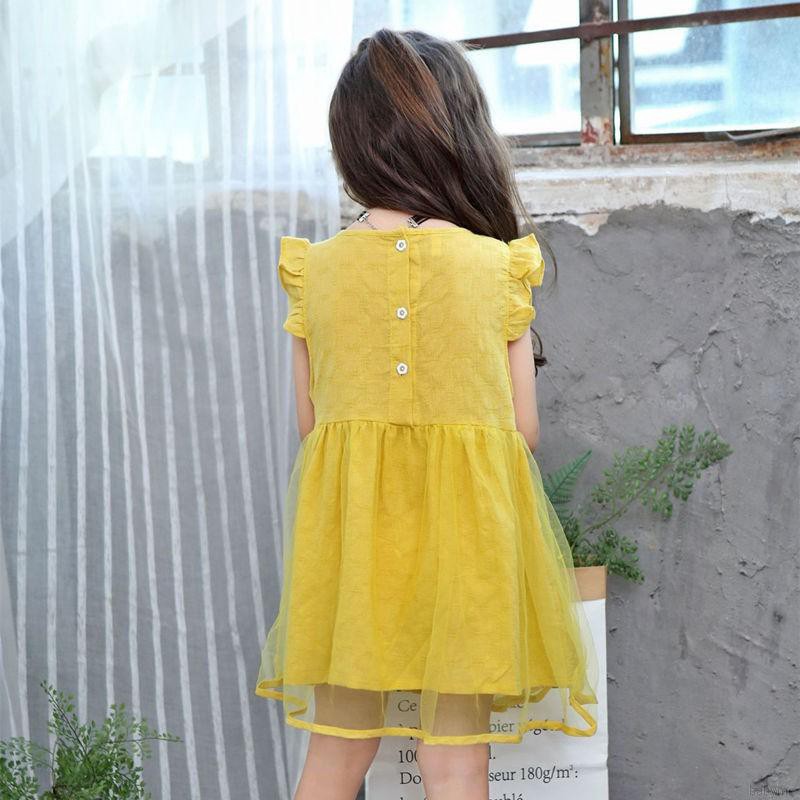 ♕ babyme ღ Baby Girls Solid Print Mesh Dress Cotton Flare Sleeve Sundress