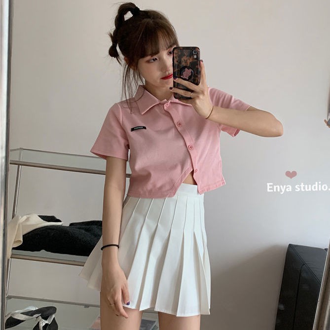 Ready Stock Pink Polo Collar T-Shirt Women + Pleated Skirt Set Short Summer Navel Slim and Thin Hong Kong Short Sleeve Top