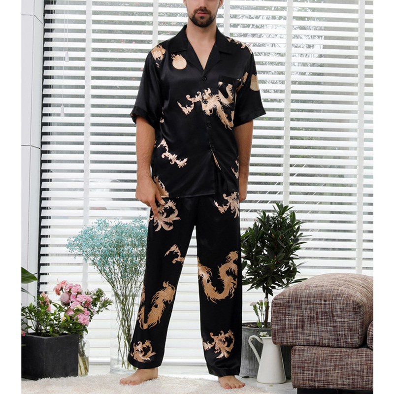 Bộ pyjama bằng lụa sa tanh tay ngắn in hình rồng 4fghj phong cách Hàn Quốc cho nam