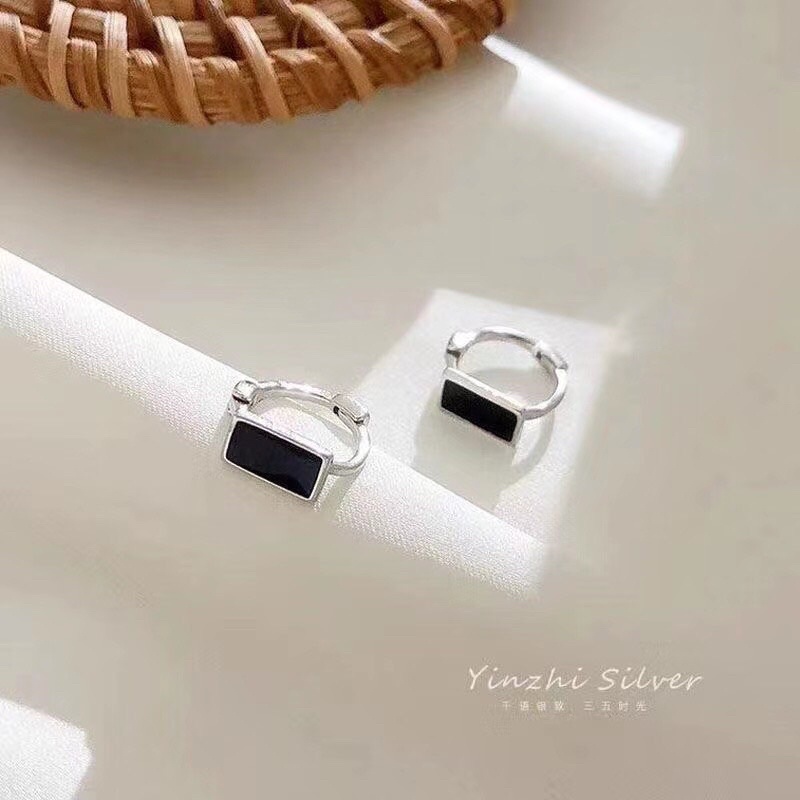 Bông tai bạc khoen tròn chữ nhật màu đen bạc 925 Minh Tâm Jewelry