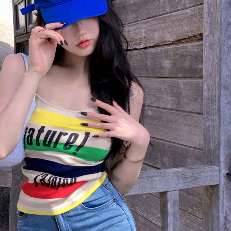 Áo Hai Dây Dệt Kim Dáng Ôm Kẻ Sọc Thời Trang Mùa Hè Cá Tính Cho Nữ