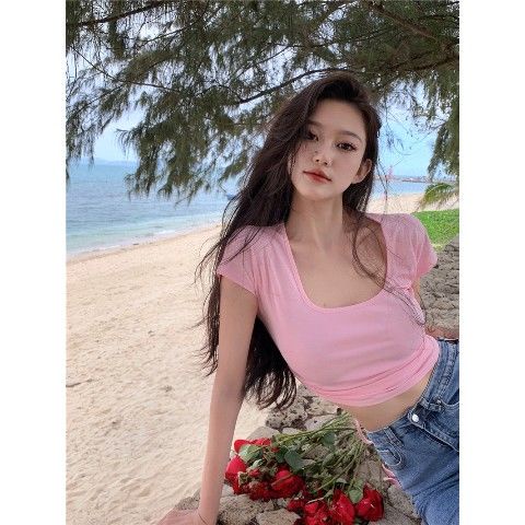 Áo Thun Ngắn Tay Cổ Vuông Hở Lưng Phong Cách Hàn Quốc Gợi Cảm Dành Cho Nữ