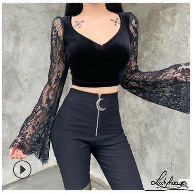 Áo croptop tay loe cổ chữ V phối ren xuyên thấu gợi cảm cho nữ