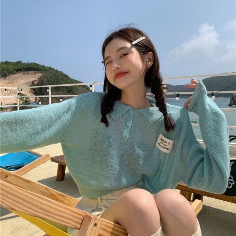 Áo thun Polo dệt kim mỏng tay dài dáng rộng cổ Polo thời trang mùa hè Hàn Quốc mới cho nữ