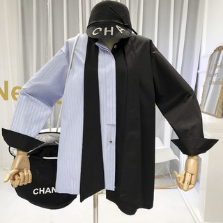 Áo sơ mi tay dài phối 2 màu xanh đen cổ thắt dây cá tính