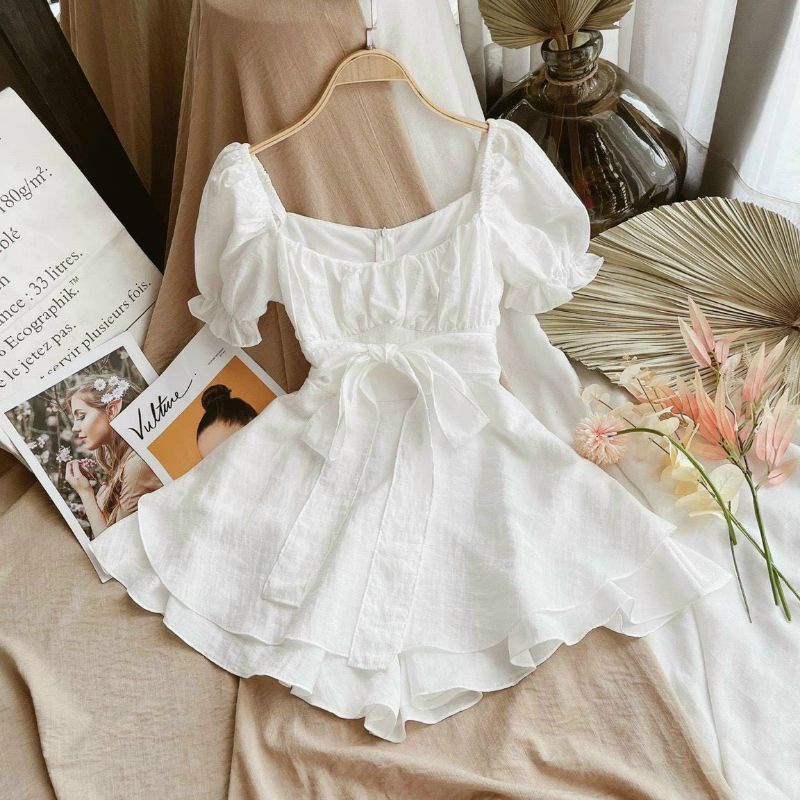 Đầm Trắng Xếp Ly Ngực Thắt Nơ Lưng Siêu Xinh