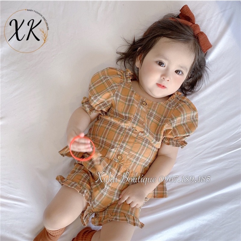 Bộ Quần Áo Cộc Tay Bé Gái Kẻ Nâu Vàng Cực Tây 0-2 Tuổi Xuka Boutique Set Quần Áo Trẻ Em 2022