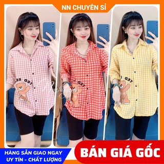 Đồ bộ ngố lửng phối sơ mi caro in gấu dễ thương chất vải mềm mát DBRBLCT