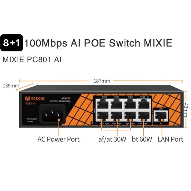 Switch Poe 4 Cổng 8 cổng Mixie PC402 4+2 / PC801 8+1 ( 100MBS ) - Chống Sét - Khoảng Cách Tối Đa 250 Mét