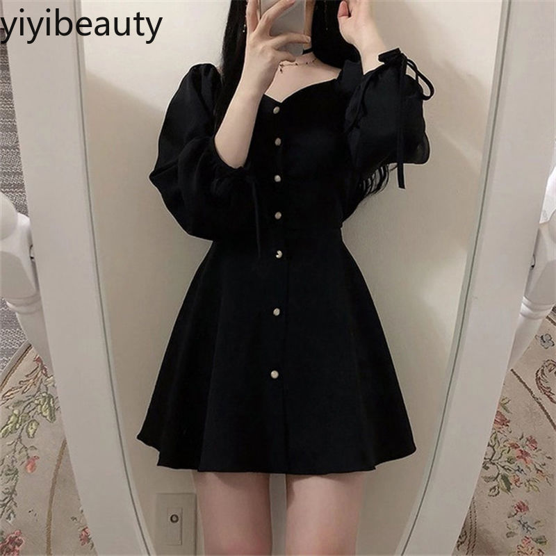 Đầm ngắn tay phồng eo cao dáng ôm phối một hàng nút phong cách mùa thu Hàn Quốc cho nữ | BigBuy360 - bigbuy360.vn