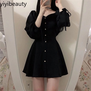 Đầm ngắn tay phồng eo cao dáng ôm phối một hàng nút phong cách mùa thu Hàn Quốc cho nữ