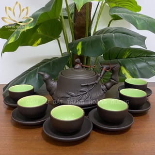 Bộ ấm chén Bát Tràng đất nung đắp nổi cành trúc 260ml màu đen (Hàng nghệ nhân)