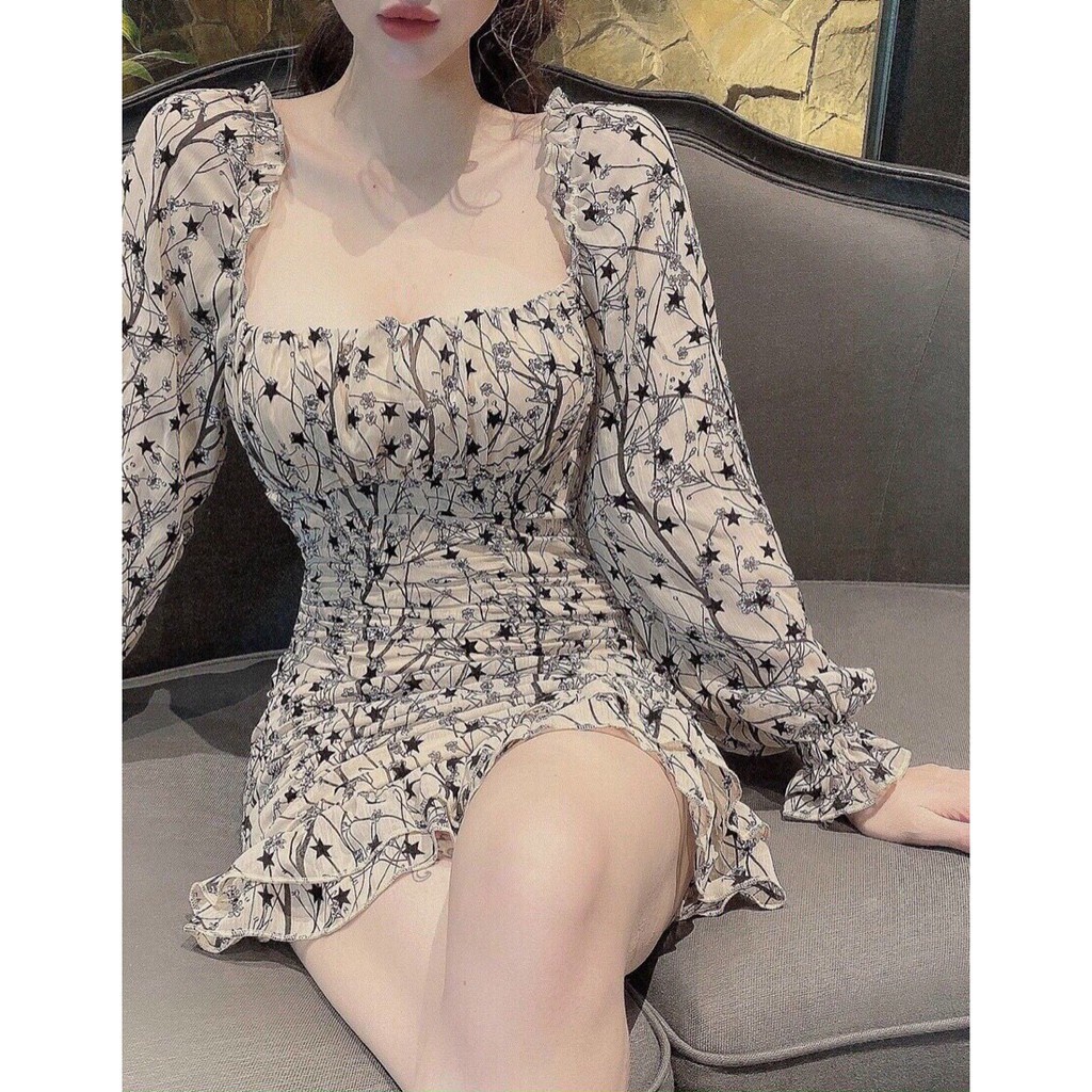 Đầm hoa họa tiết nhún ngực ôm body tay dài lai bèo cực quyến rũ
