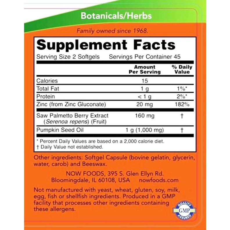 Viên uống hỗ trợ tuyến tiền liệt Now Saw Palmetto Extract 160mg 90 Softgels