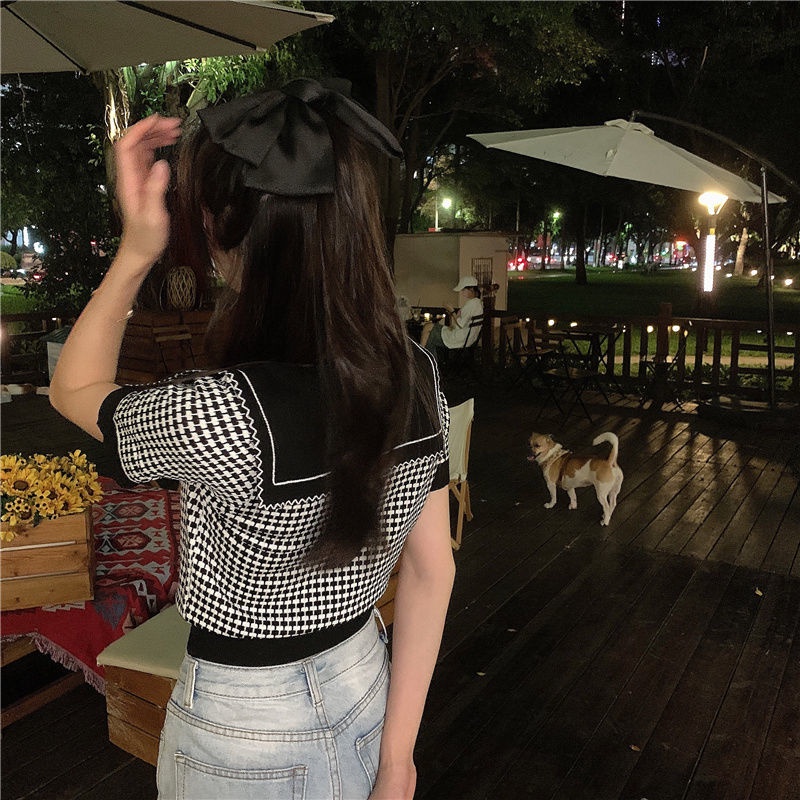 Áo dệt kim tay ngắn cổ búp bê thời trang mùa hè mới 2021 cho nữ