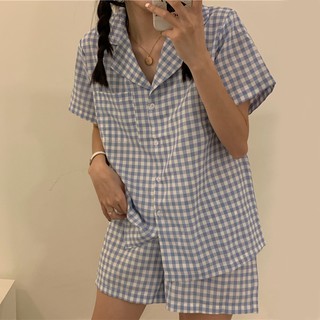 [Sẵn] Bộ đồ ngủ Pyjama kẻ caro xanh dương mặc ở nhà cộc tay Ulzzang Hàn Quốc