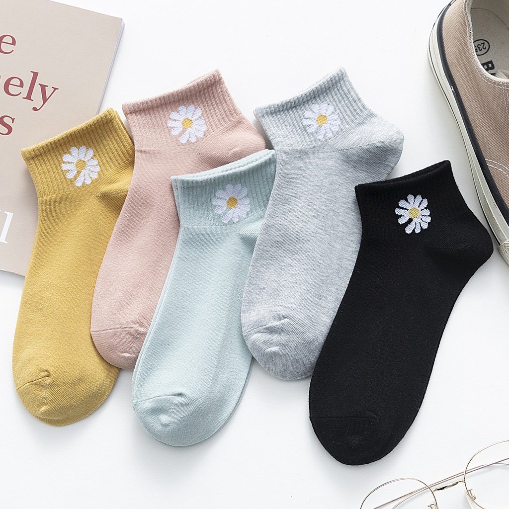 Tất nữ cotton - Túi 10 đôi vớ nữ cổ trụ hoa cúc họa mi hottrend siêu co giãn No.100417