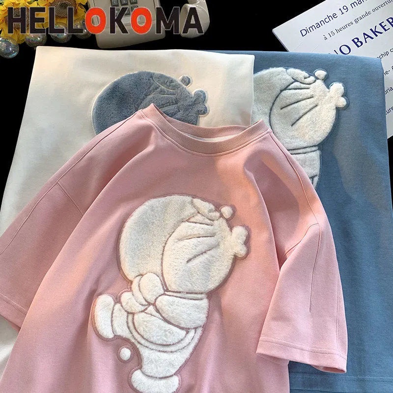 Áo Thun 100% Cotton Dáng Rộng Tay Ngắn Thêu Hình Doraemon Phong Cách Nhật Bản Thời Trang Mùa Hè Cho Nữ