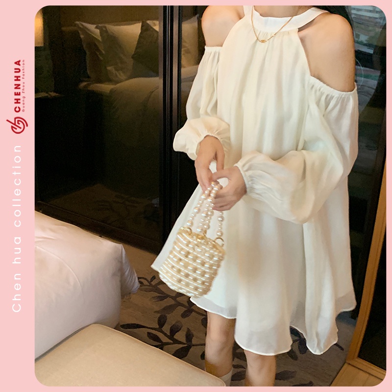 Váy hở vai dài tay ChenHua đầm ngắn xòe đi chơi style hàn quốc đẹp VT163