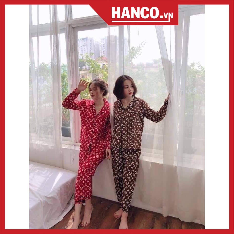 Bộ ngủ pijama lụa kate thái áo dài quần dài bộ mặc nhà mềm mại dễ thương H1 NÂU L.V